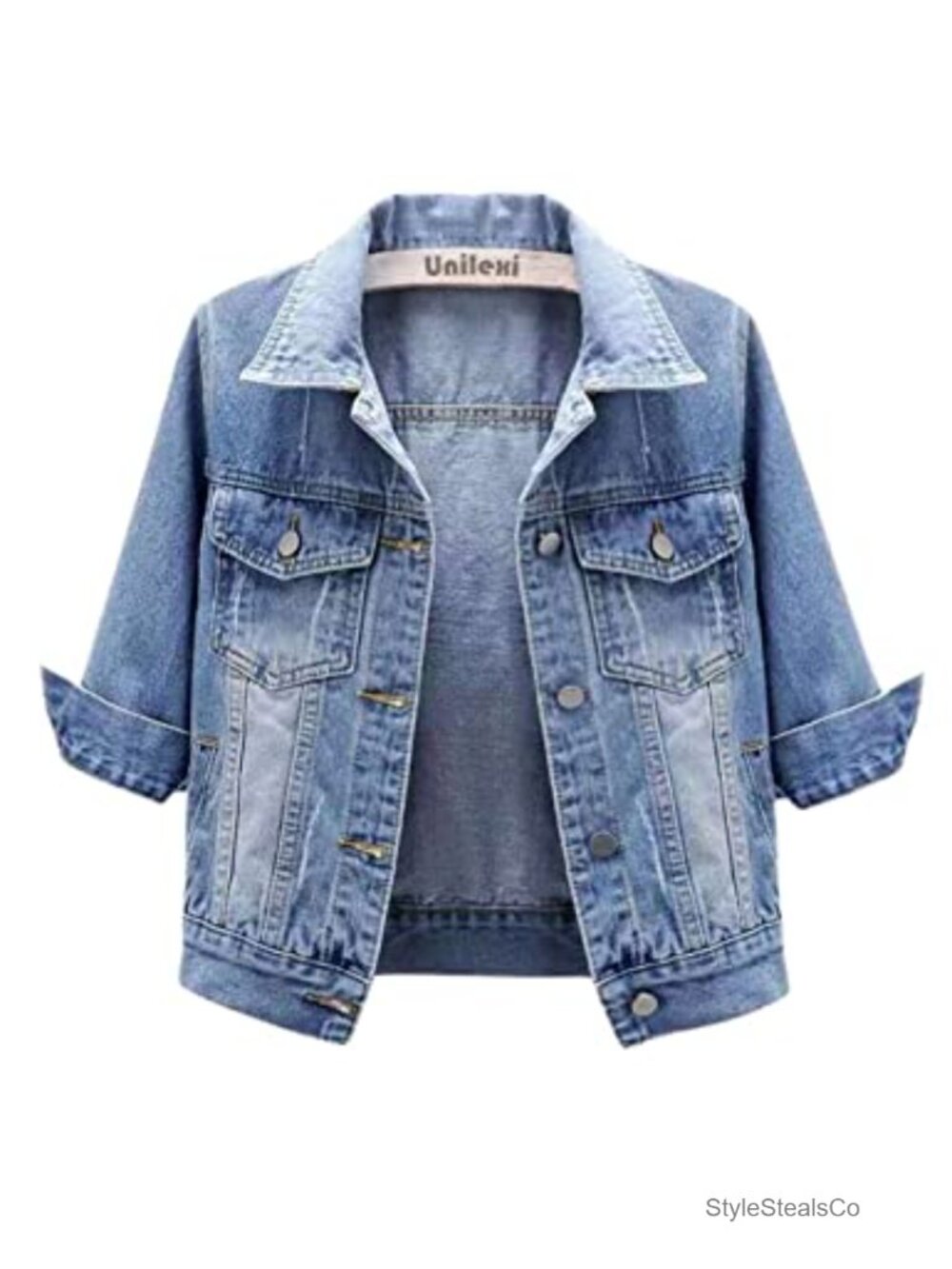 Cropped Denim Jacket 3/4 Sleeve Button Down Trucker Coat Fitted